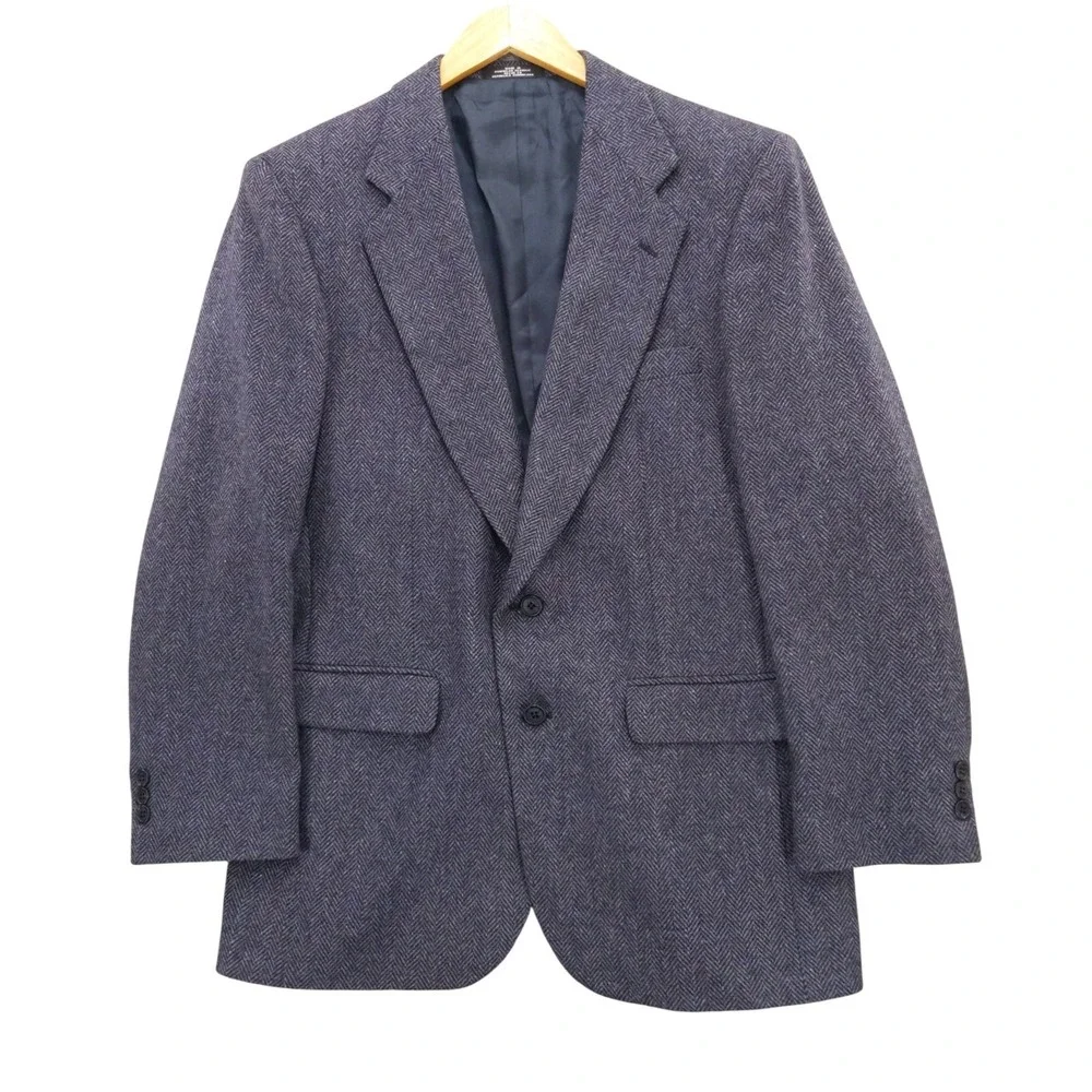 vtg Towncraft Blazer Jacket Blue Herringbone Wool/Lambswool Blend Sport Coat 39R